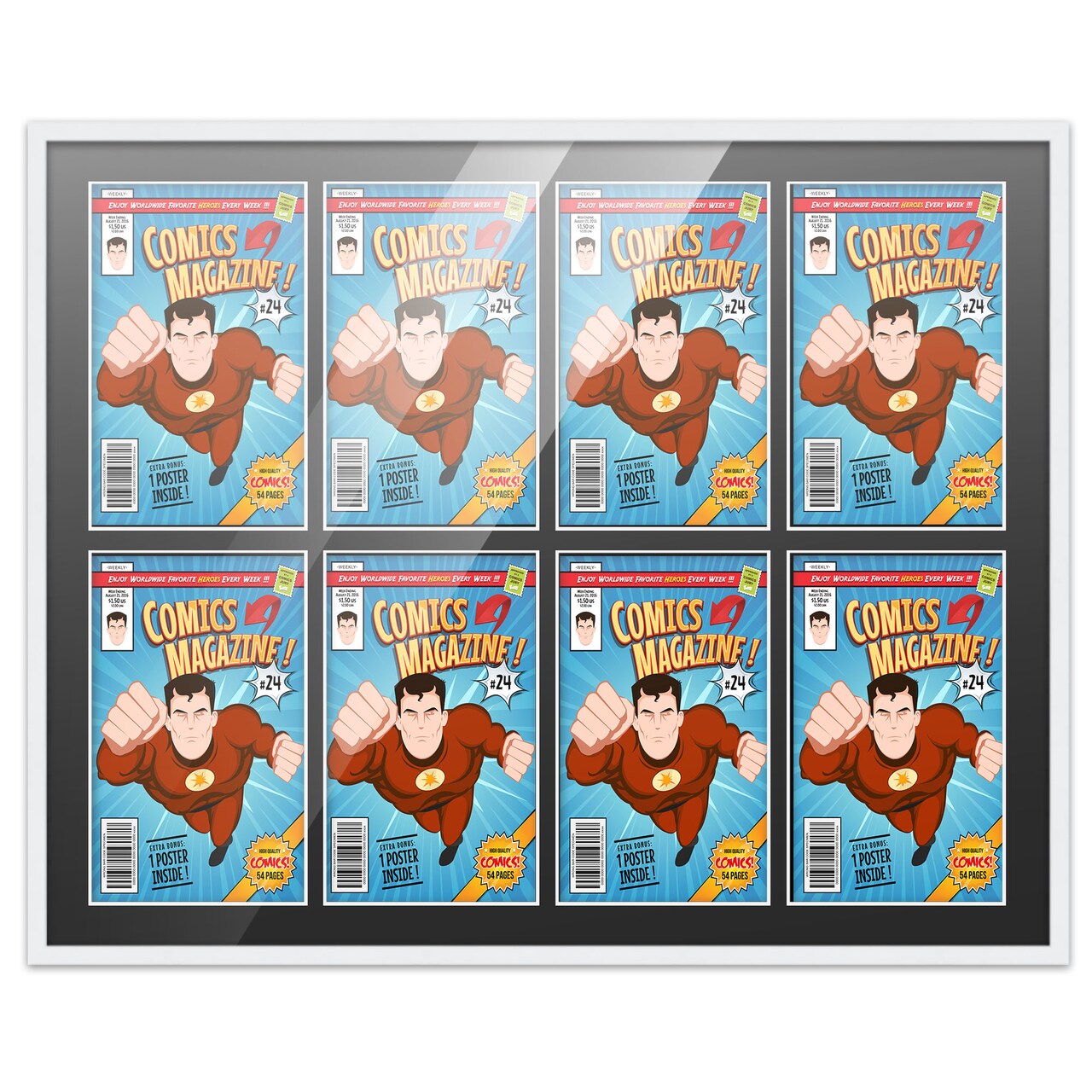 Comic Book Frame with Mat for 8 Golden Age Comics Published Between 1938 and 1956 - White Wood Comic Frame With Black Mat for 7.75x10.5 Comics - 37.5x26.5 Frame Size